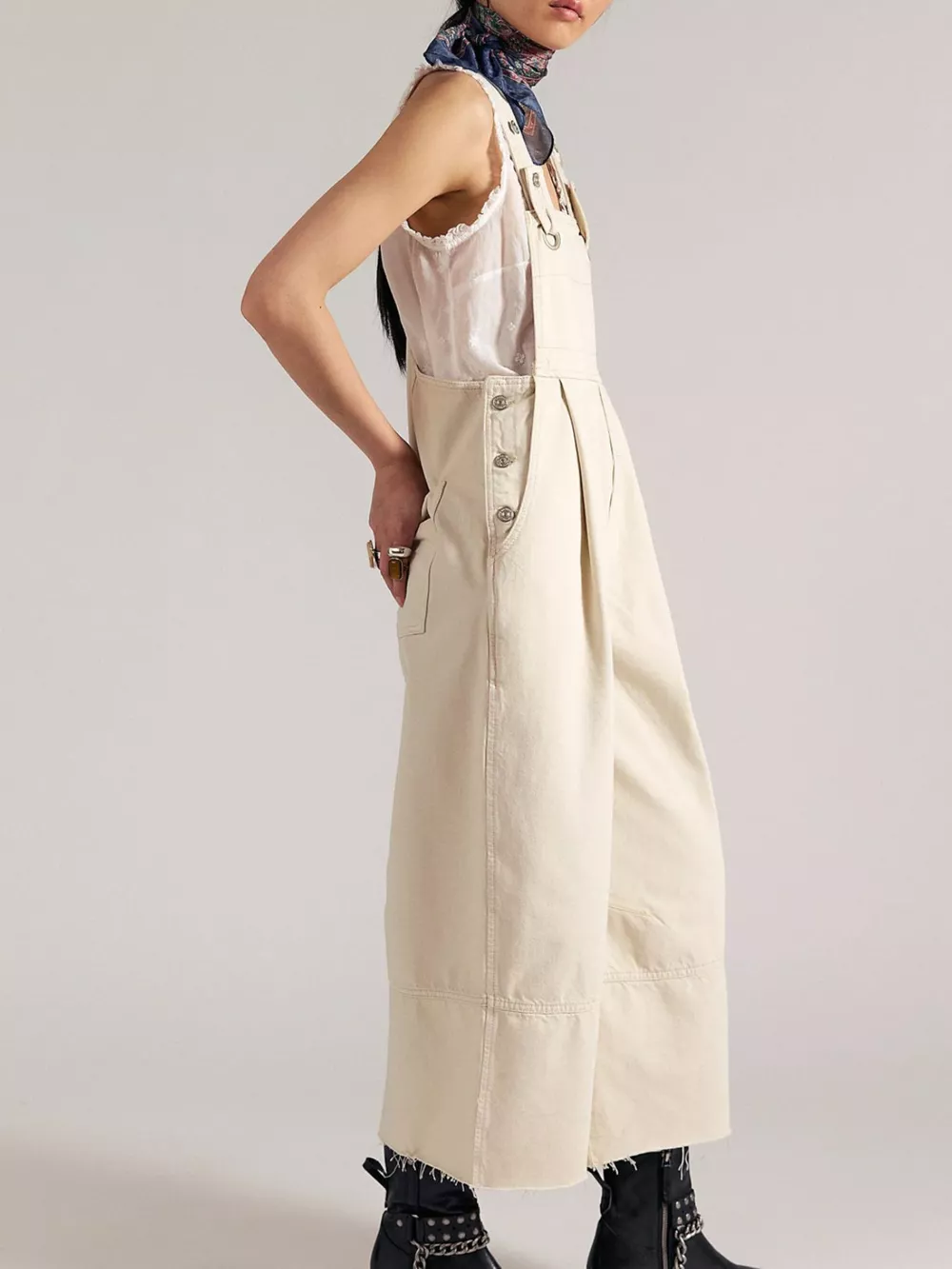 Raw Hem Wide-Leg Denim Overalls, image 3