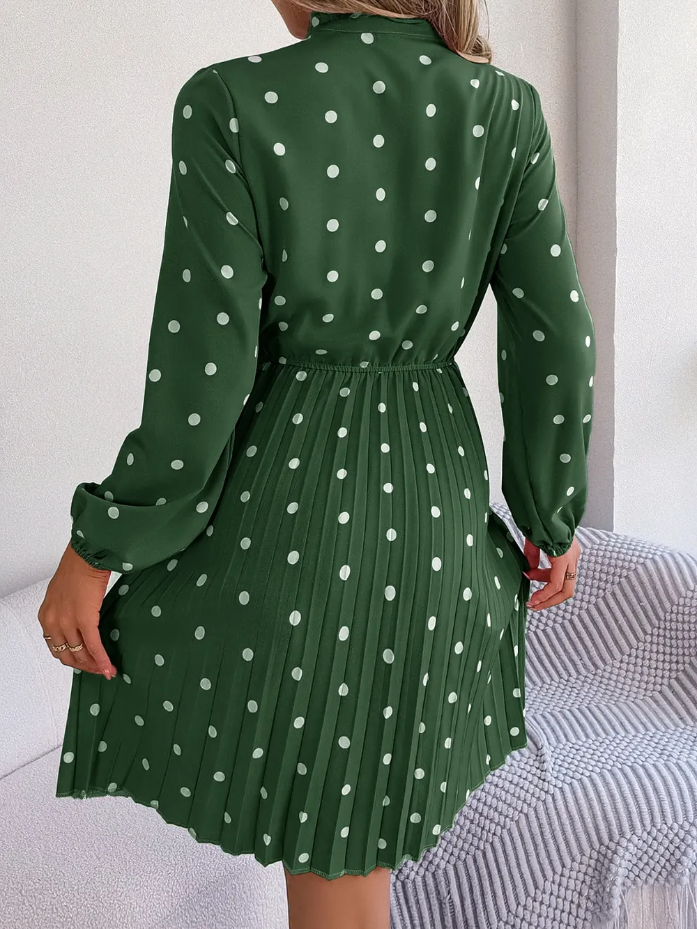 Polka Dot Tie Neck Pleated Dress, image 20
