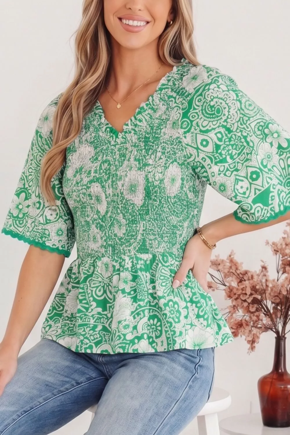 Flirty Floral Smocked V Neck Blouse, image 7