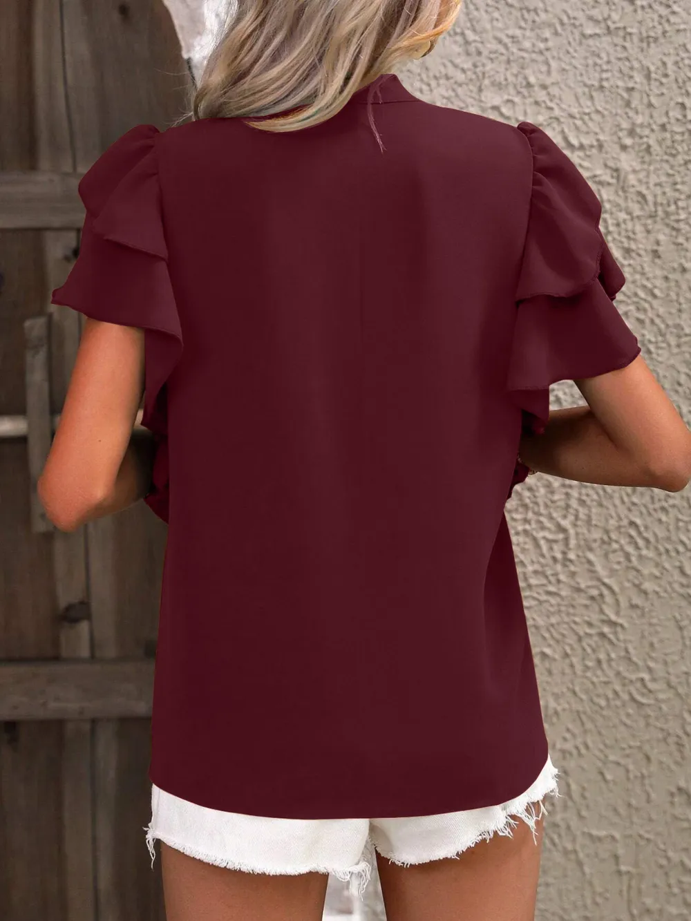 Ruffled Notched Short Sleeve Blouse, image 2