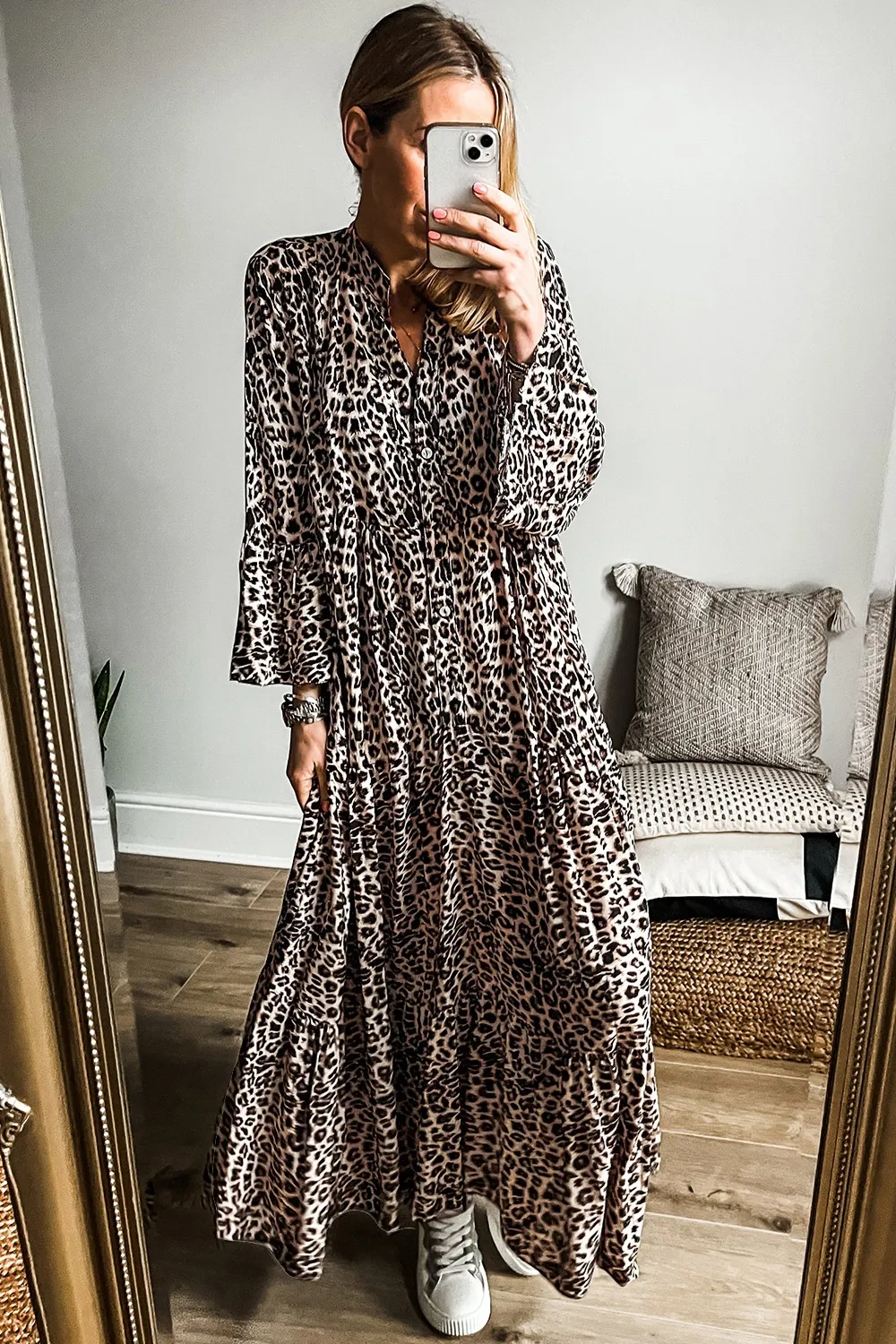 Leopard Notched Long Sleeve Maxi Dress, image 3