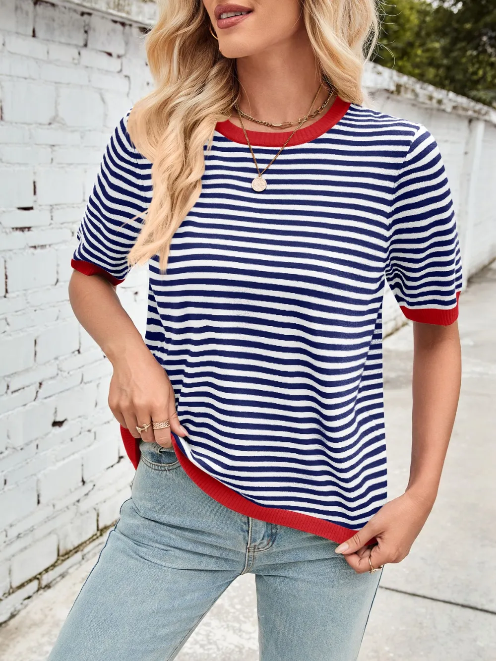 Striped Contrast Round Neck Half Sleeve Knit Top, image 2