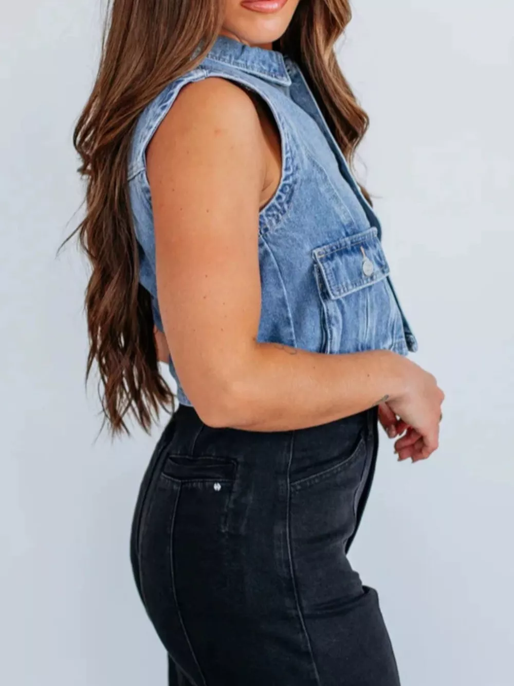 Sleeveless Cropped Denim Vest, image 3