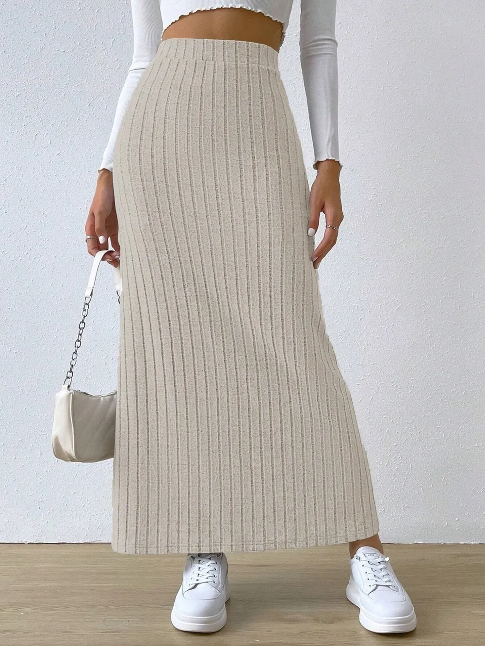 High Waist Ribbed Knit Maxi Skirt, image 4