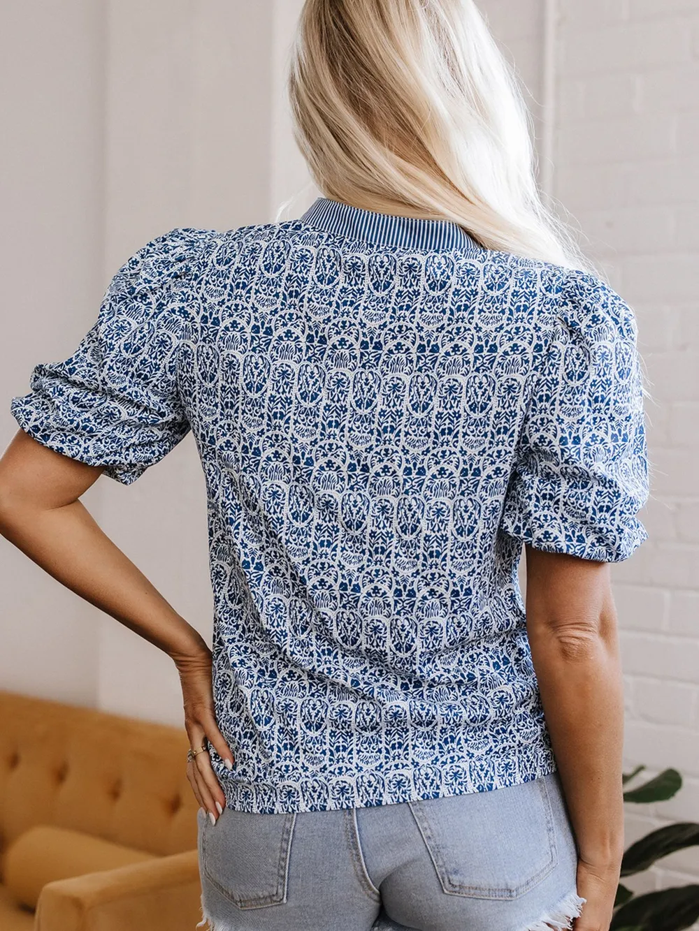 Printed Contrast Ric-Rac Puff Sleeve Top, image 2
