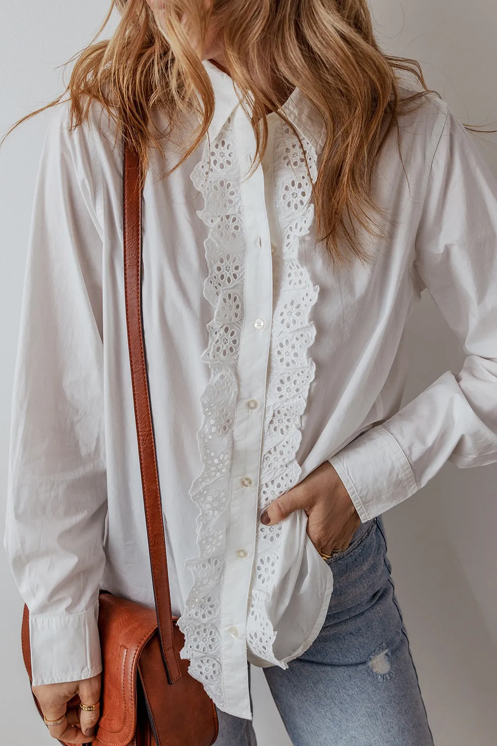 Eyelet Button Down Long Sleeve Shirt, image 2