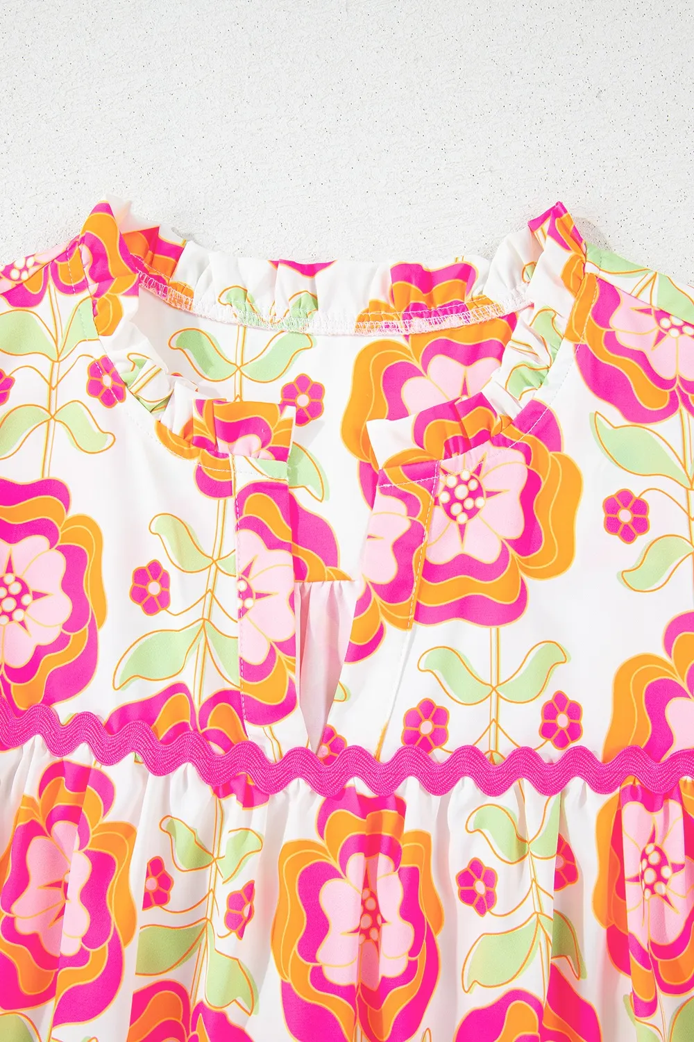 Floral Ruffled Sleeve Ric-Rac Trim Split Neck Loose Blouse, image 4
