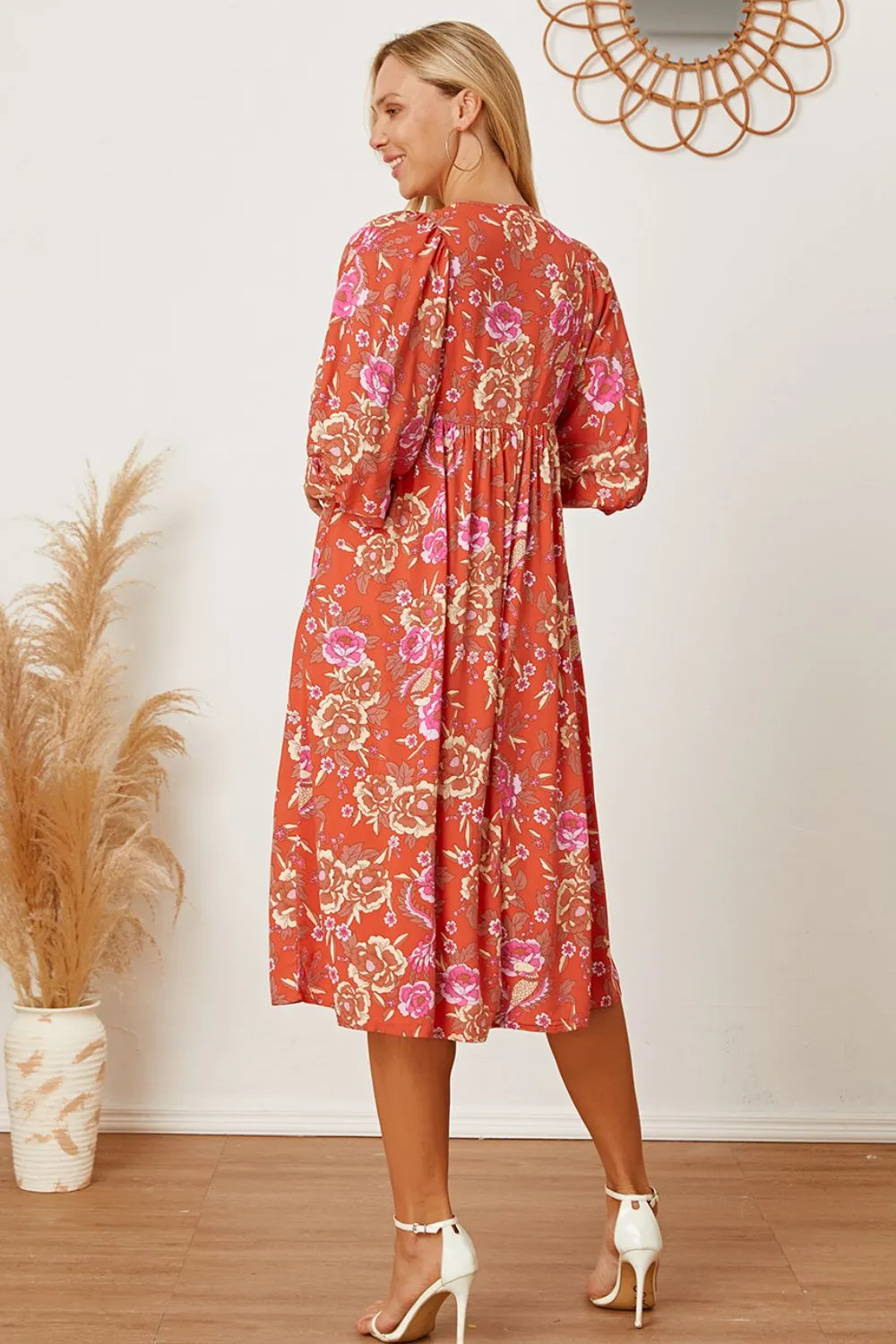 Floral Tie Neck Half Sleeve Dress, image 5