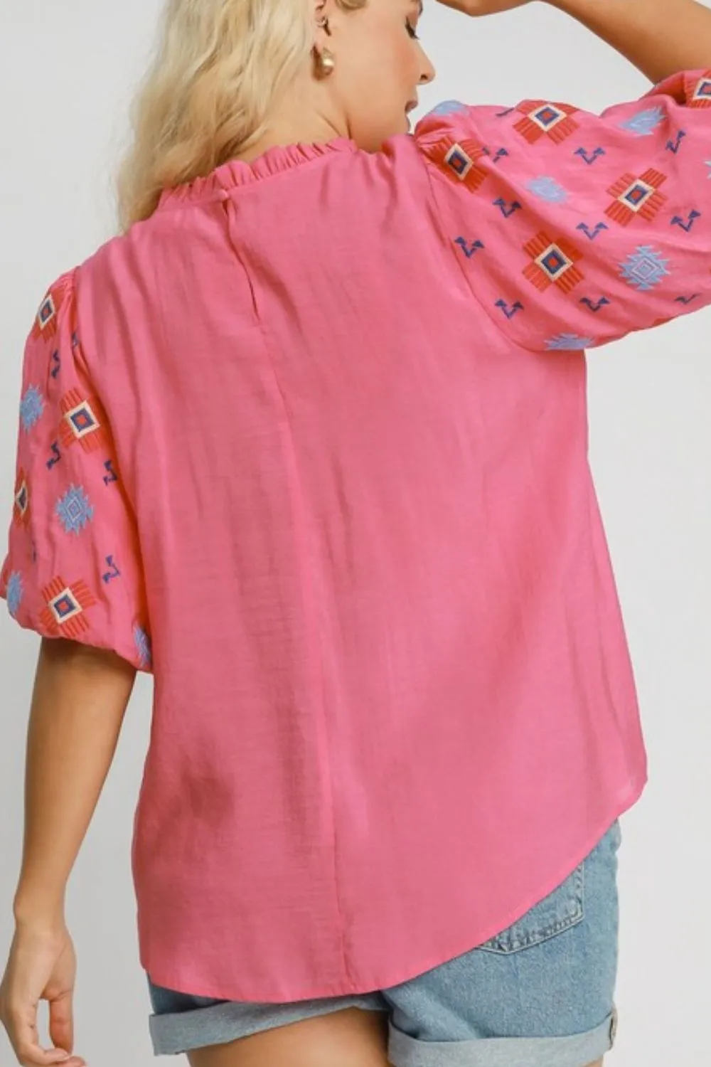 Full Size Embroidered Puff Sleeve Mock Neck Top Plus Size, image 2