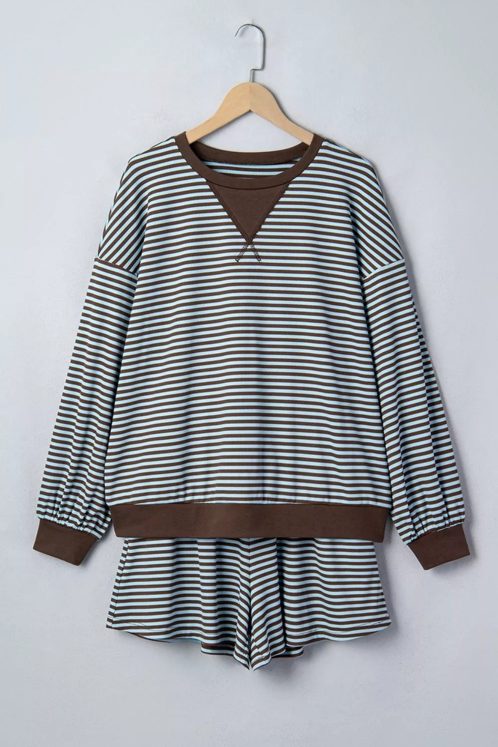 Stripe Oversized Long Sleeve Top Drawstring Loose Shorts 2pcs Set, image 7