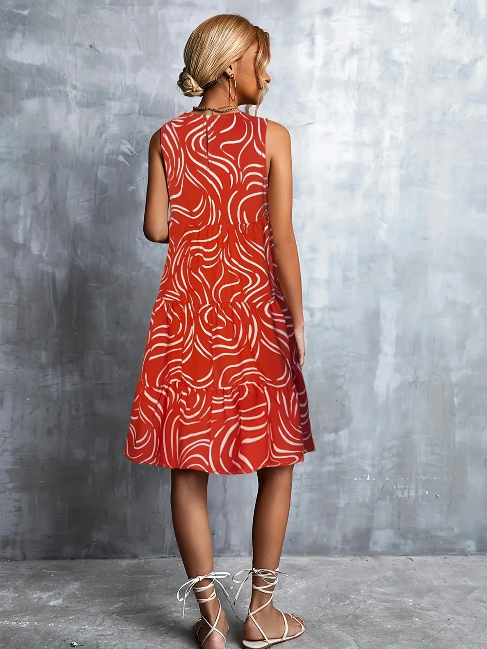 Printed Round Neck Sleeveless Dress, image 2