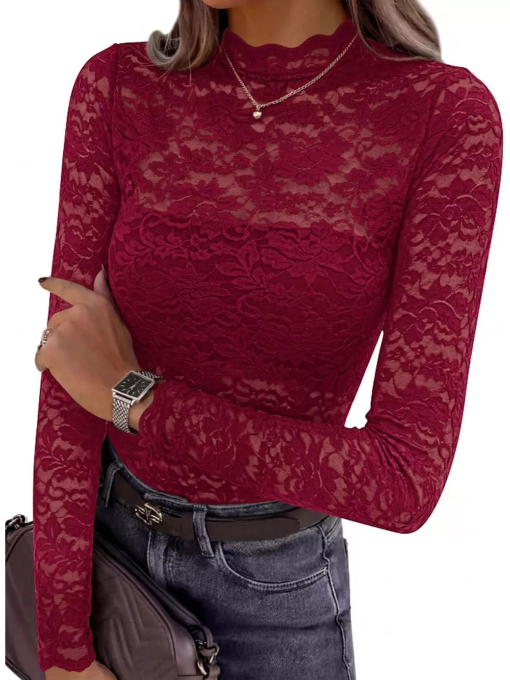Lace Mock Neck Long Sleeve Top, image 24