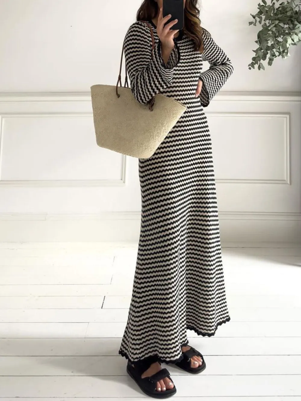 Tied Round Neck Striped Sweater Dress, image 5
