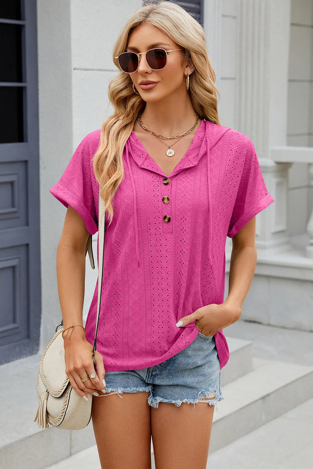 Eyelet Drawstring Hooded Short Sleeve Blouse, image 10