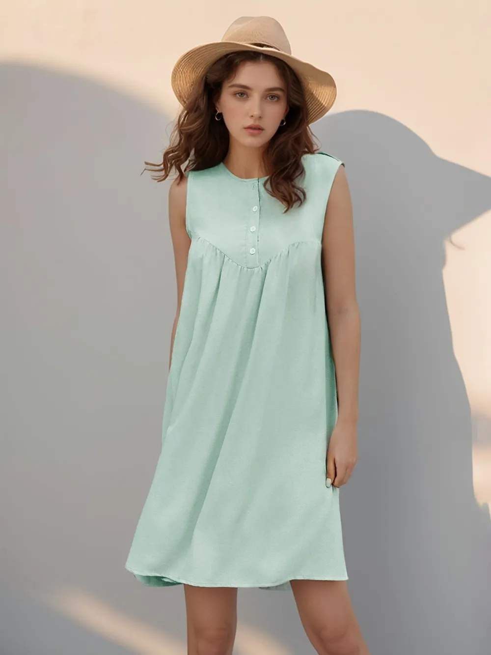 Button Detail Round Neck Sleeveless Mini Dress, image 2