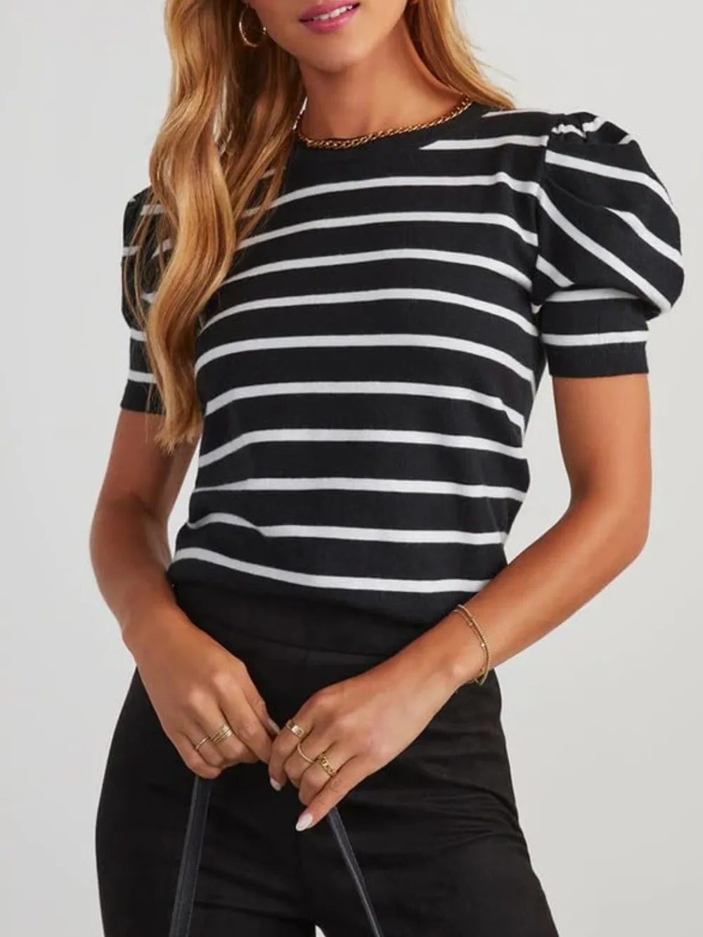 Striped Round Neck Puff Sleeve Knit Top, image 14