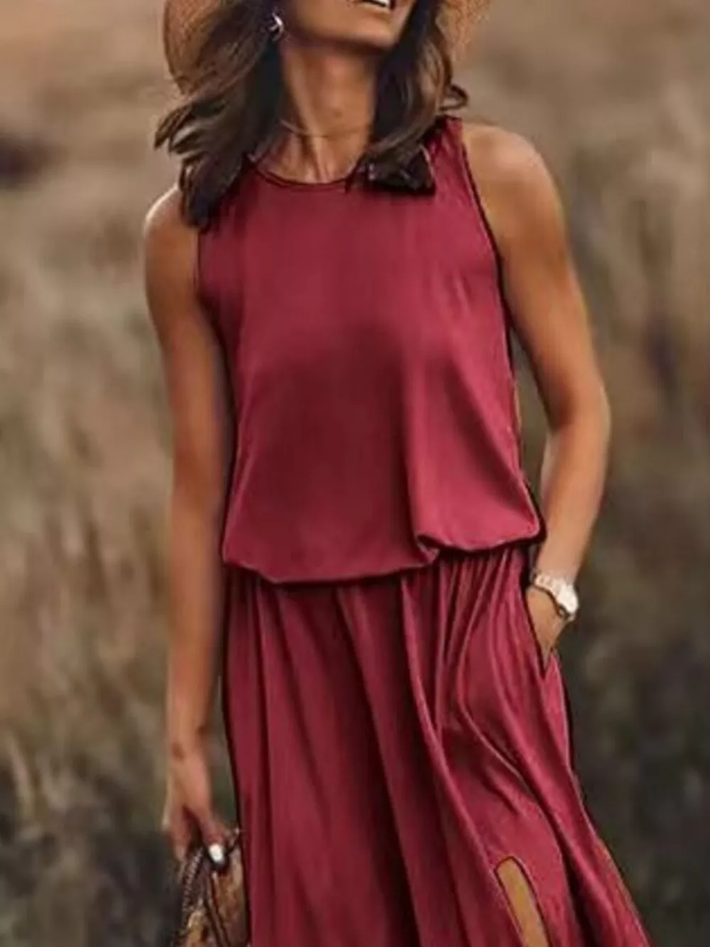 Full Size Round Neck Sleeveless Slit Maxi Dress Plus Size, image 2