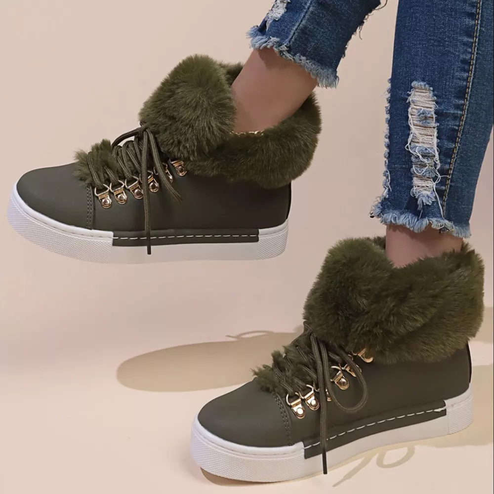 Fuzzy Trim Lace-Up Ankle Boots, image 3