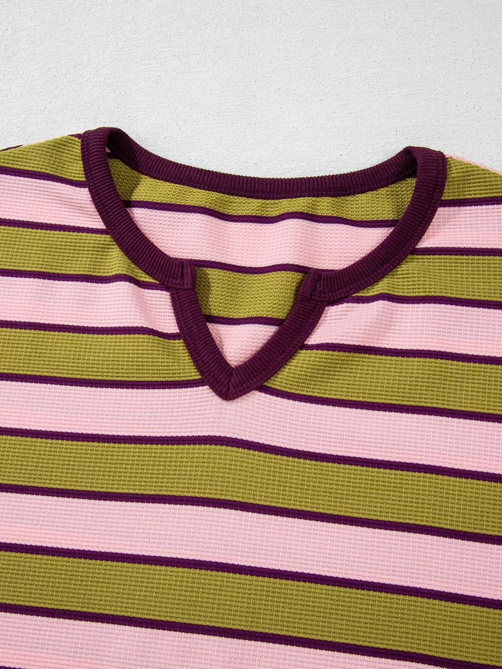 Stripes Waffle Texture Notched Neck Long Sleeve Top, image 8