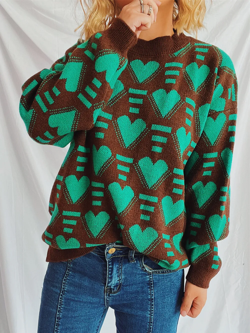 Heart Contrast Long Sleeve Dropped Shoulder Sweater, image 6