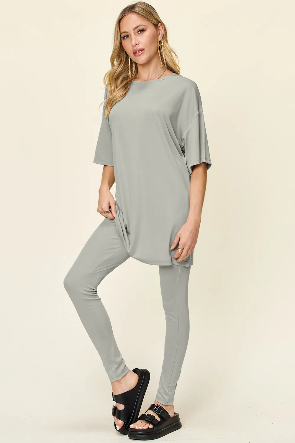 Full Size Round Neck Dropped Shoulder T-Shirt and Leggings Set, image 4