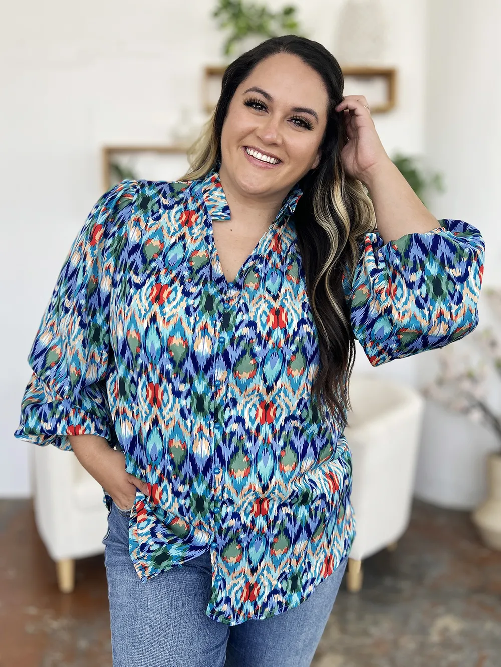 Full Size Printed Balloon Sleeve Blouse, image 6