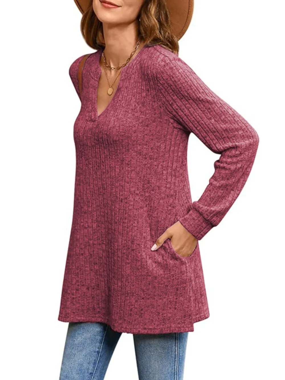 Ribbed Notched Long Sleeve T-Shirt, image 8