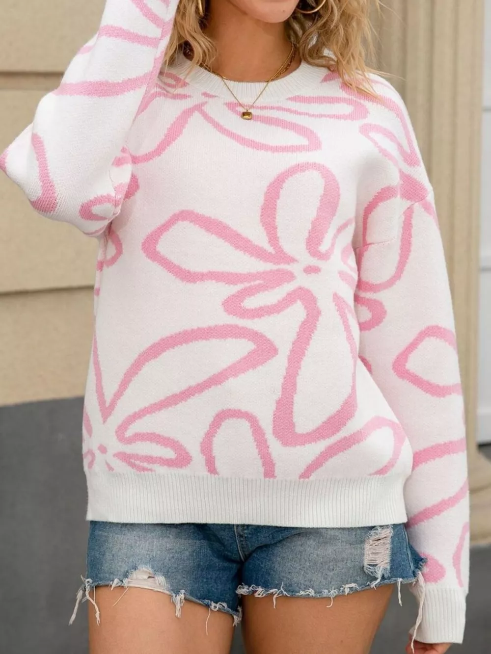 Flower Crew Neck Long Sleeve Sweater, image 5