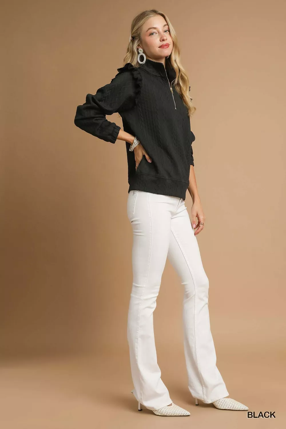 Cable Knit Textured Pullover with Ruffle Shoulders, image 2