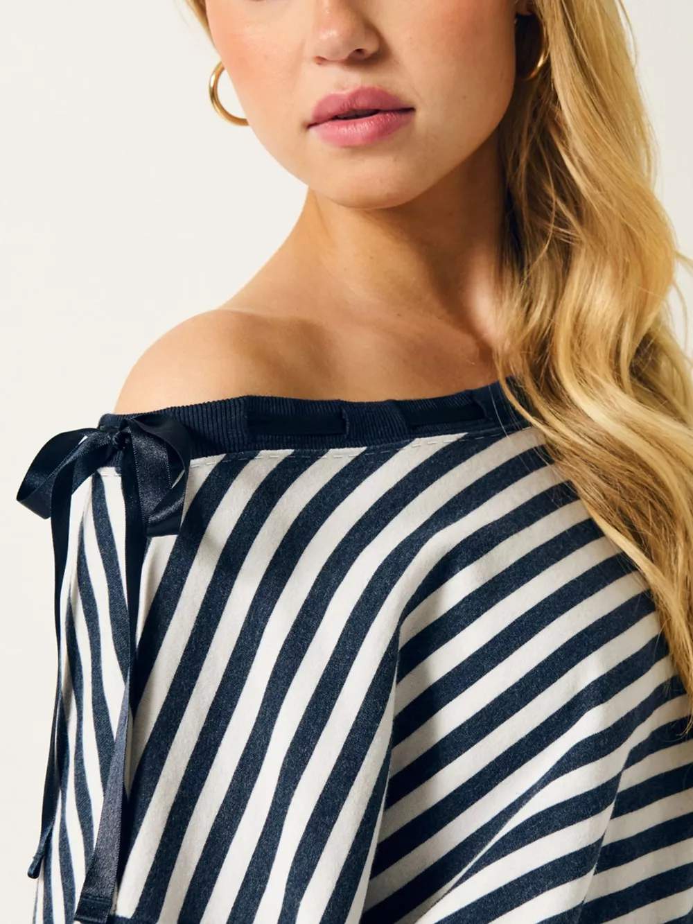 Striped Off-Shoulder Ribbon Accent Sweatshirt, image 2