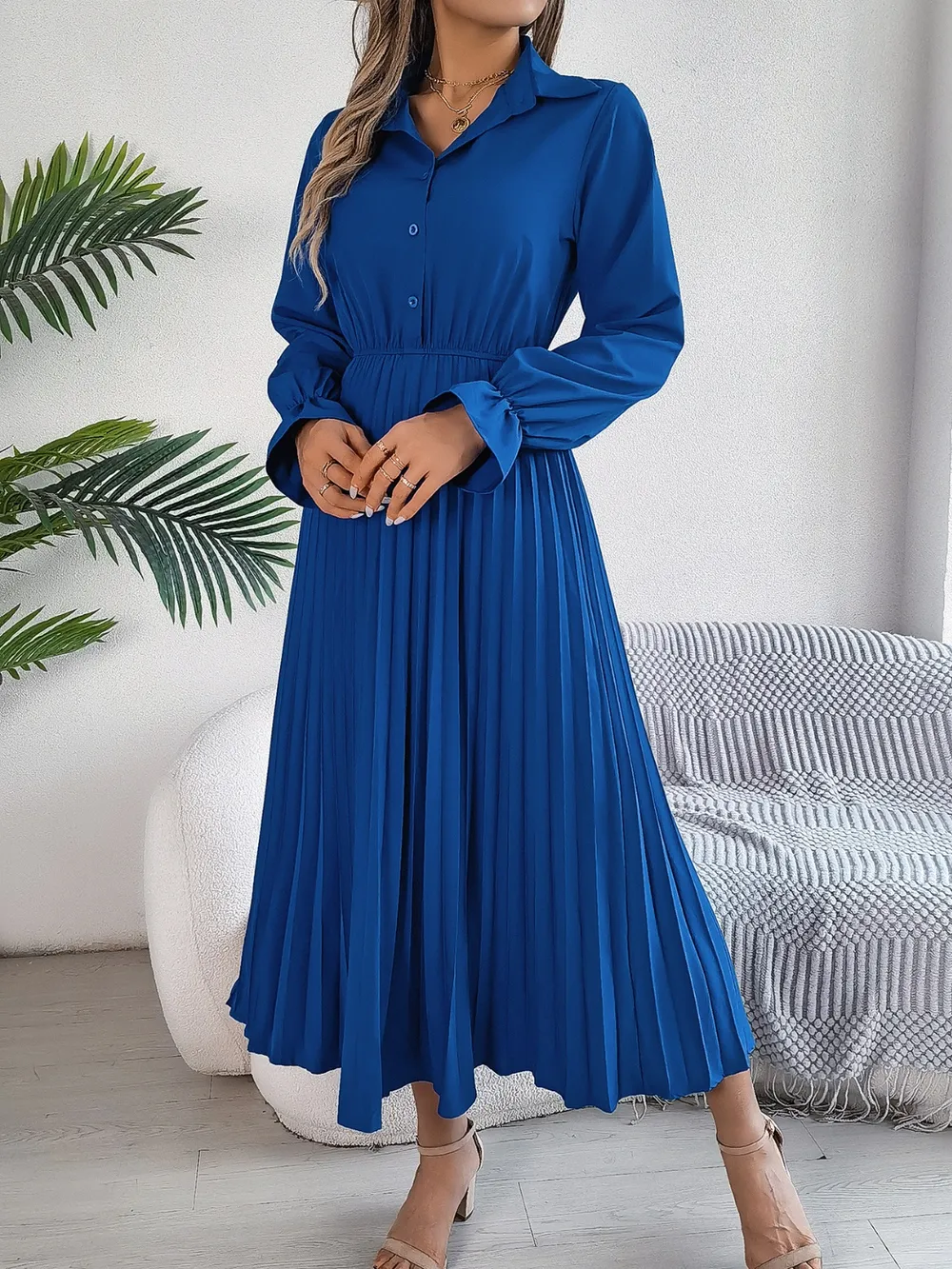 Pleated Half Button Long Sleeve Midi Dress, image 6