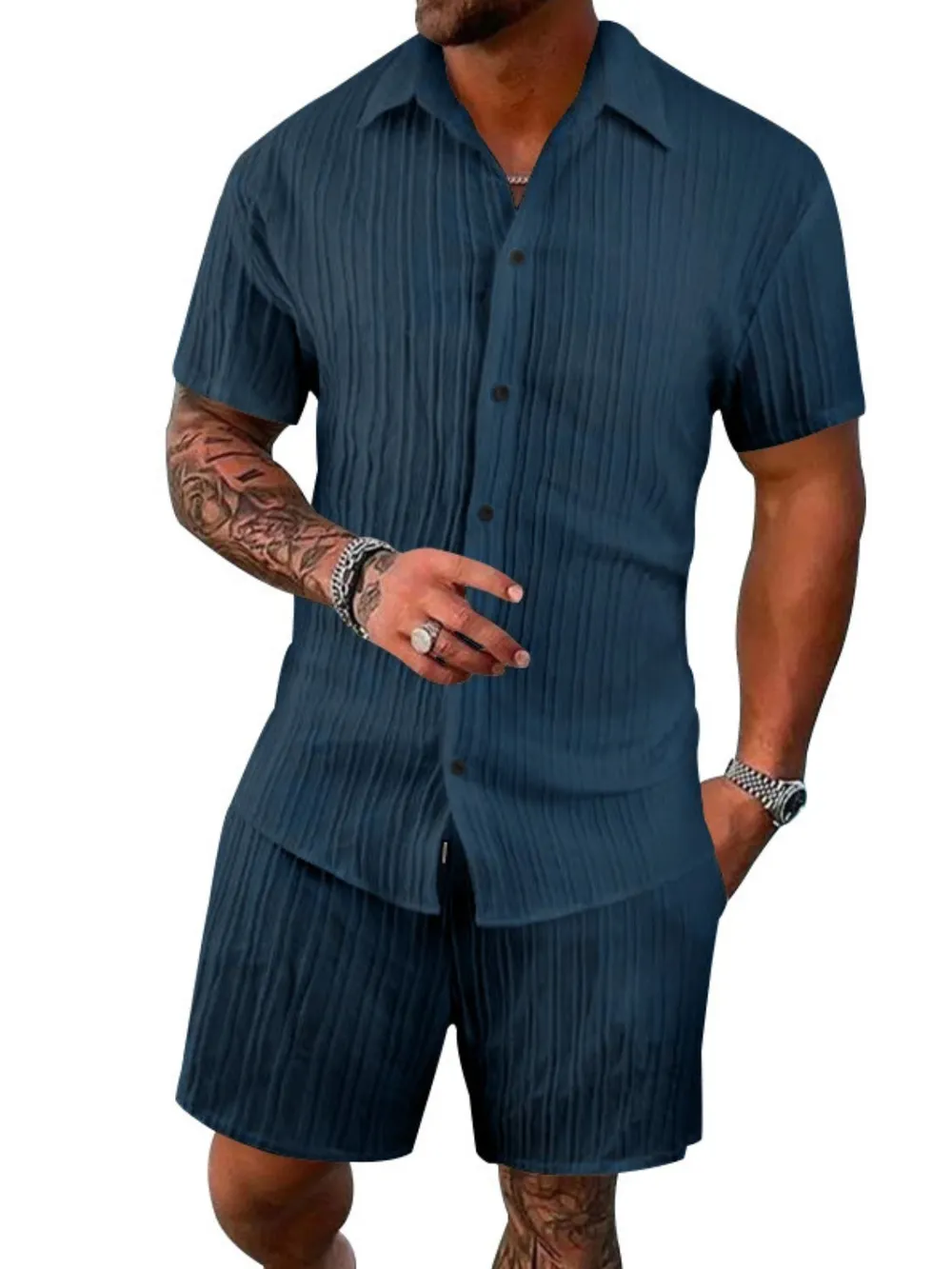 Men's Full Size Button Down Short Sleeve Shirt and Shorts Set Plus Size, image 5