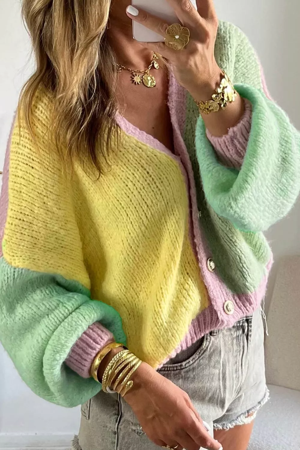 V Neck Drop Shoulder Patchwork Regular Wash Knitwear Cardigan, image 2