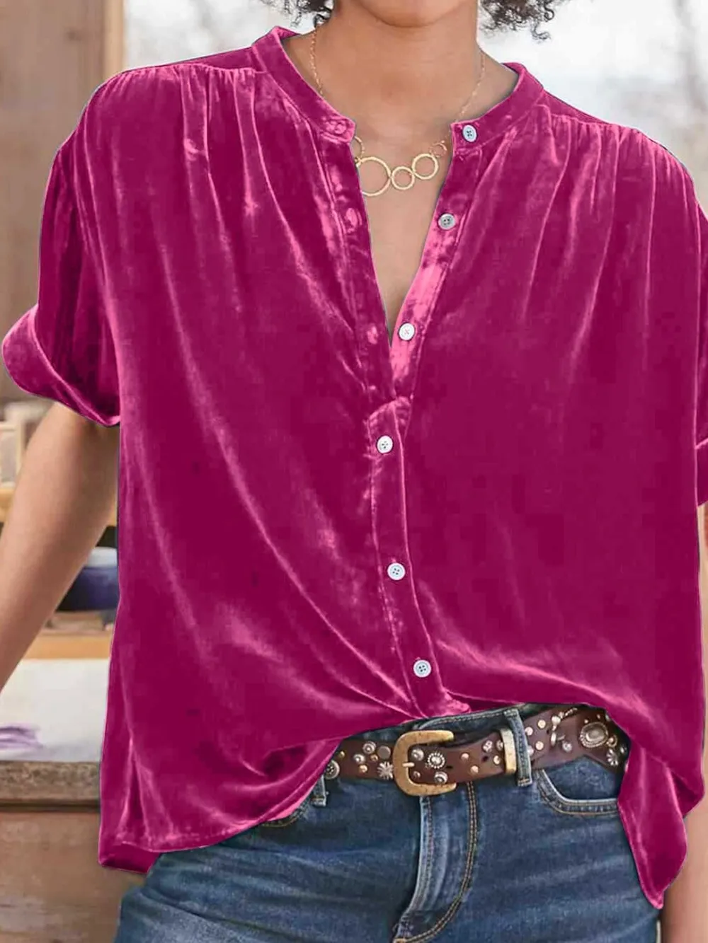 Ruched Round Neck Short Sleeve Shirt, image 10