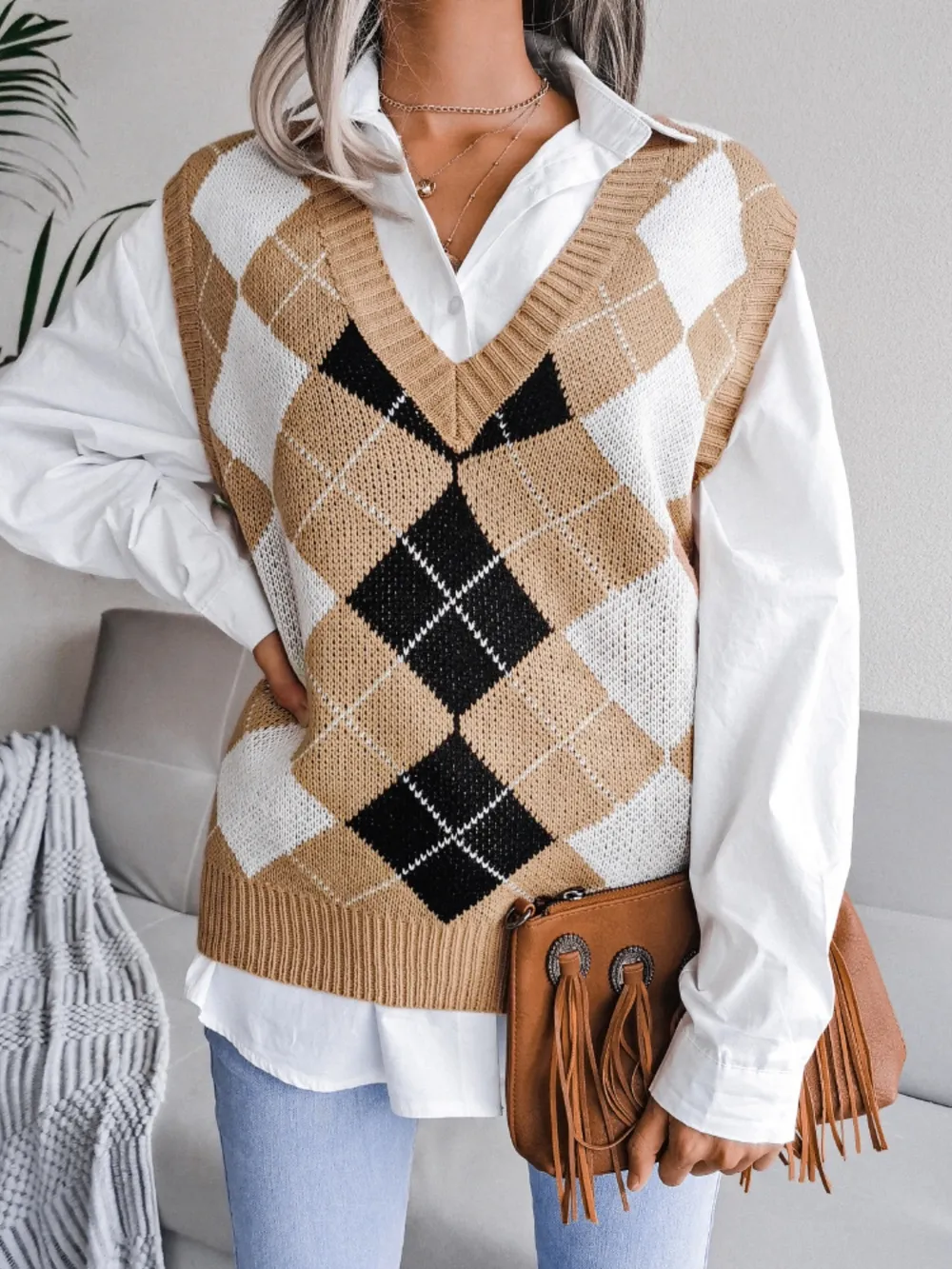 Plaid V-Neck Sweater Vest, image 3