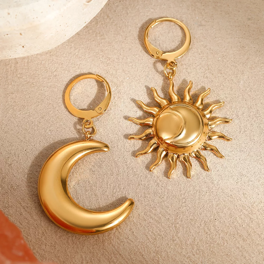 18K Gold-Plated Asymmetrical Sun & Moon Earrings, image 3