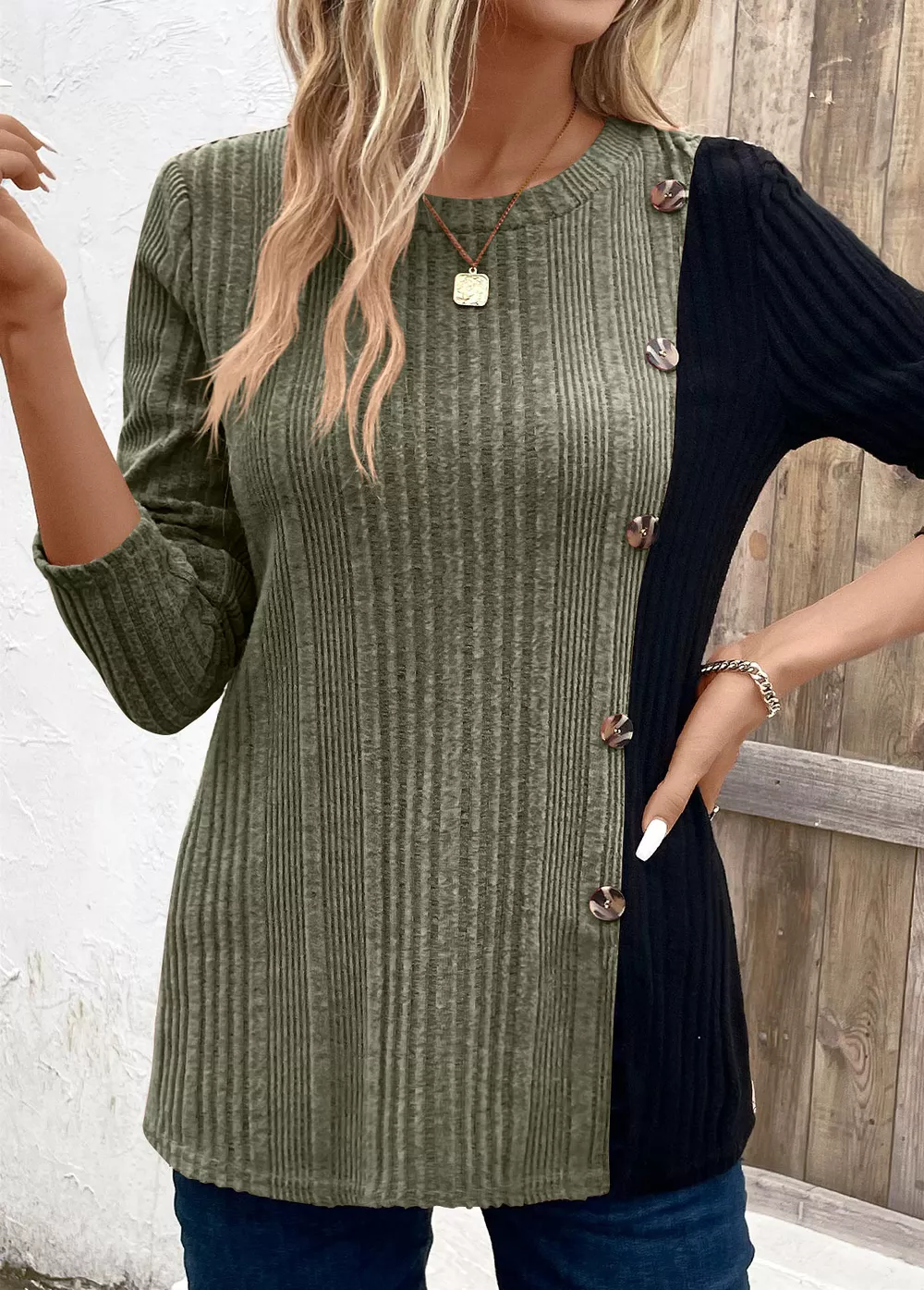 Color Block Ribbed Knit Decor Button T-Shirt, image 11