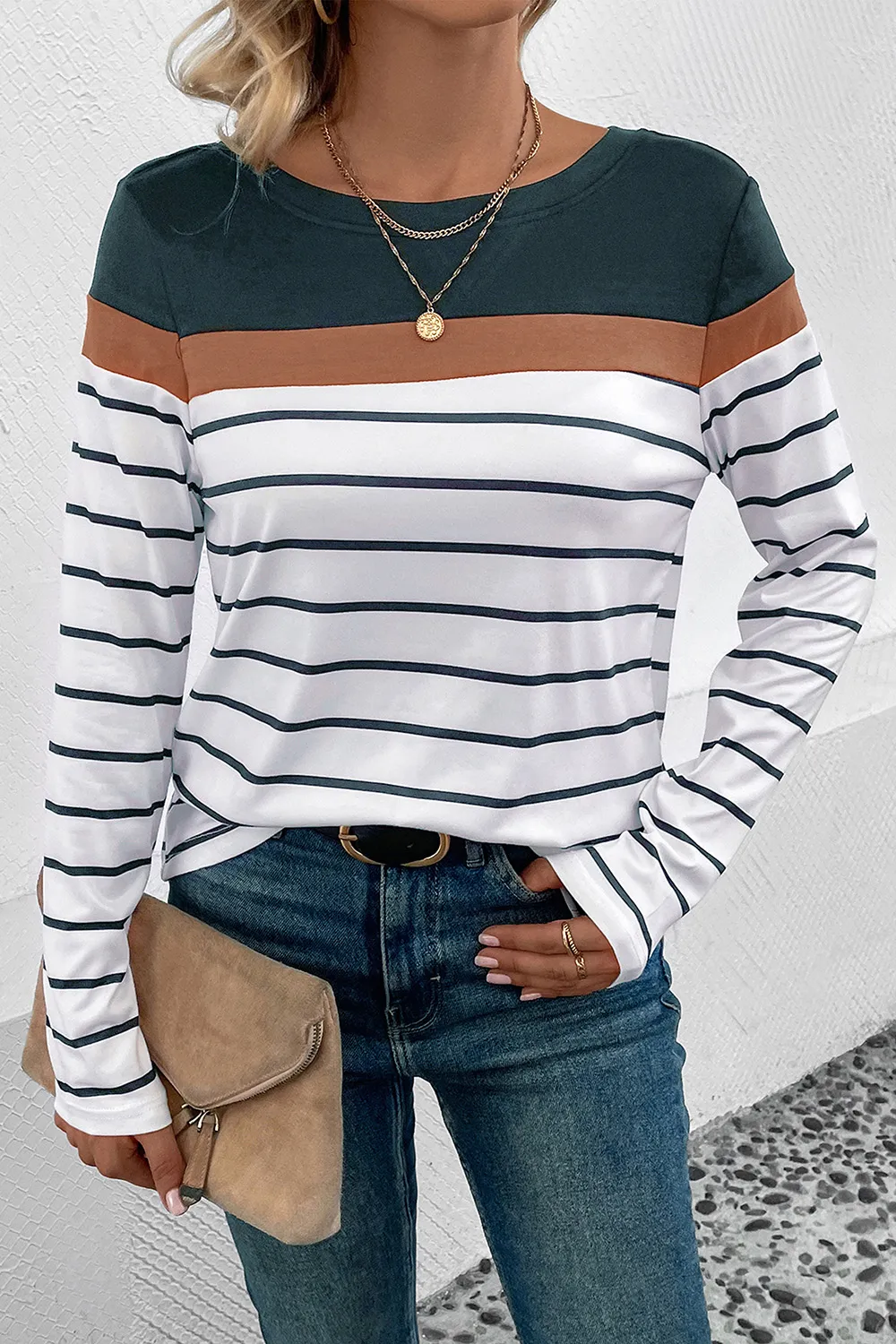 Striped Round Neck Long Sleeve T-Shirt, image 3