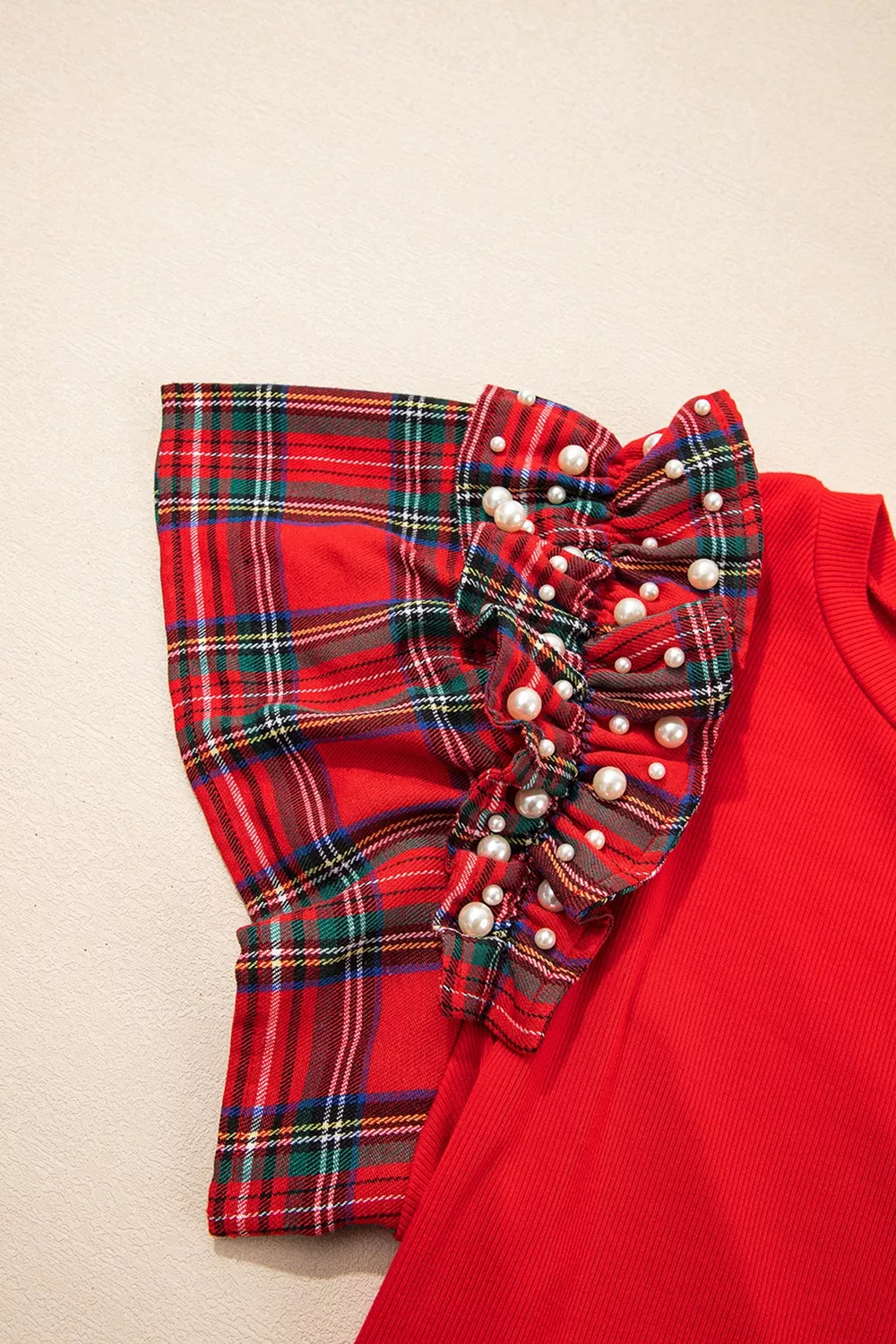 MERRY Plaid Ruffled Cap Sleeve Christmas Knit Top, image 2