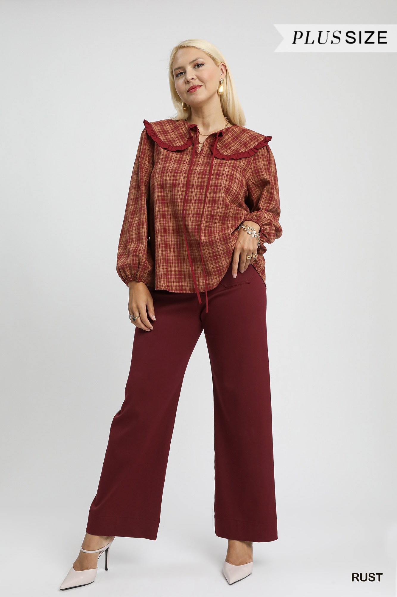 Full Size Plaid Ruffle Collar Blouse Plus Size, image 9