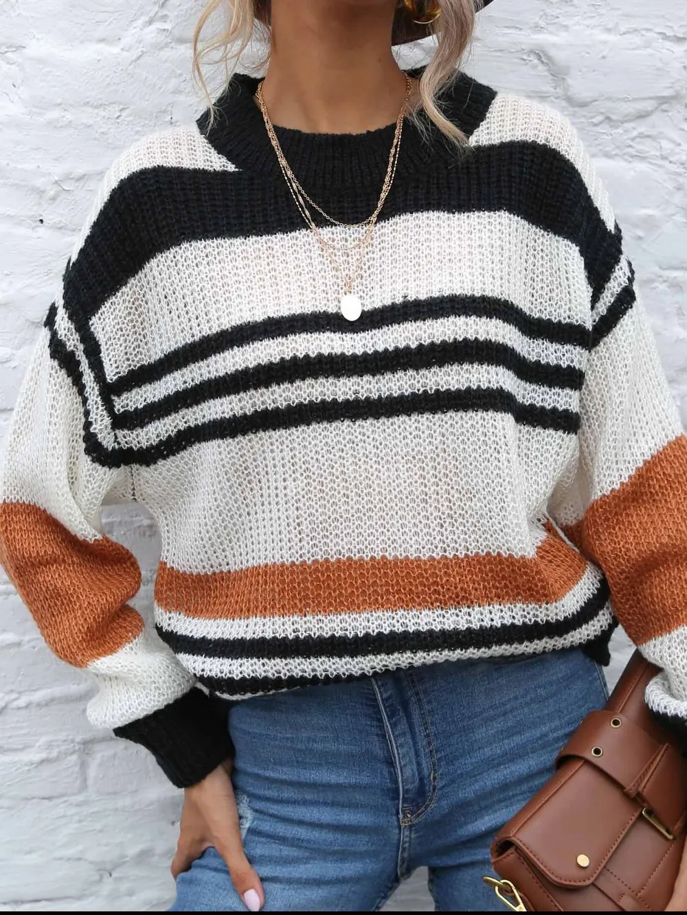 Contrast Striped Round Neck Long Sleeve Sweater, image 5