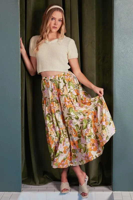 Flower Print Elastic Waist Tiered Skirt, image 5