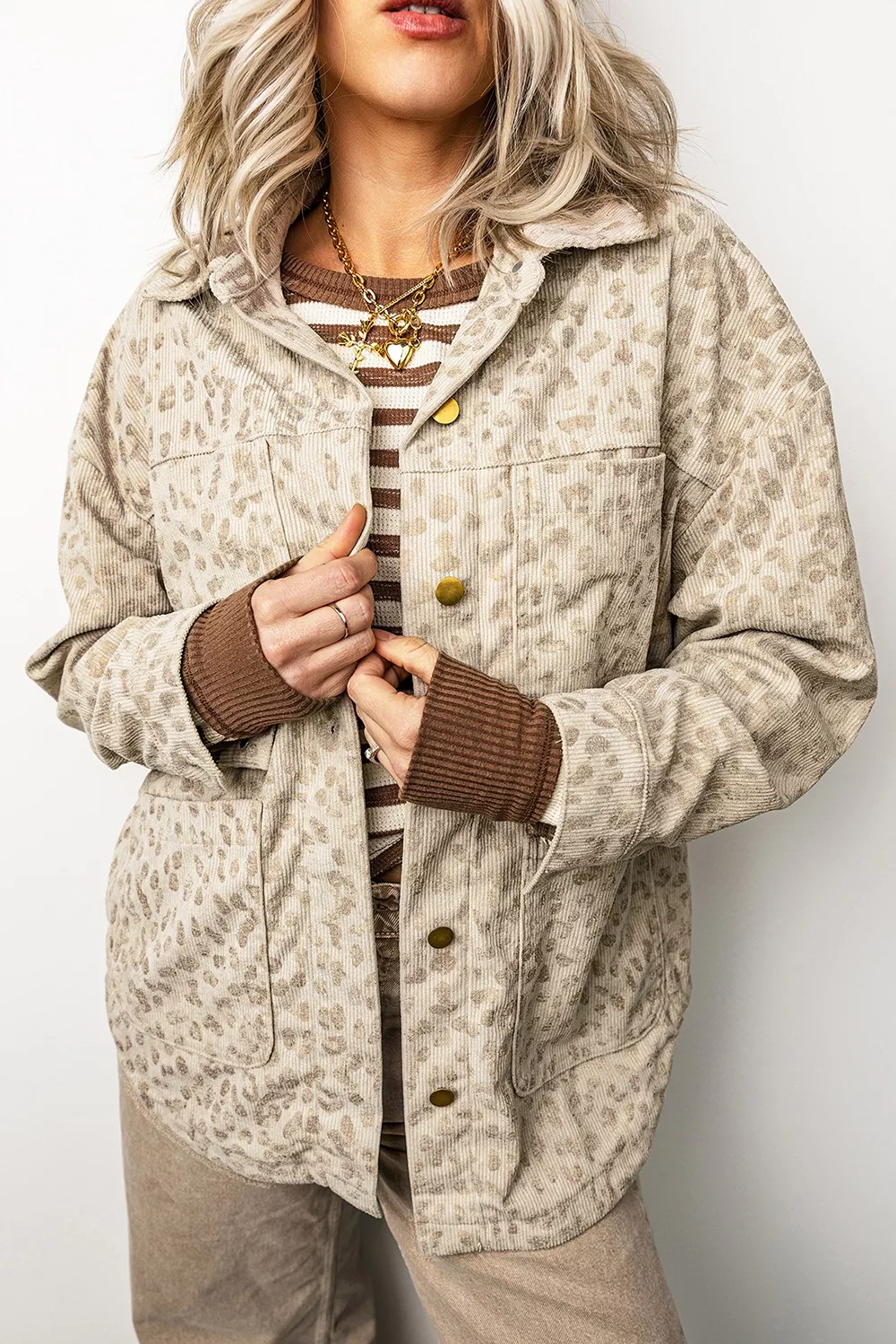 Leopard Print Corduroy Shirt Collar Long Sleeve Regular Fit Jacket