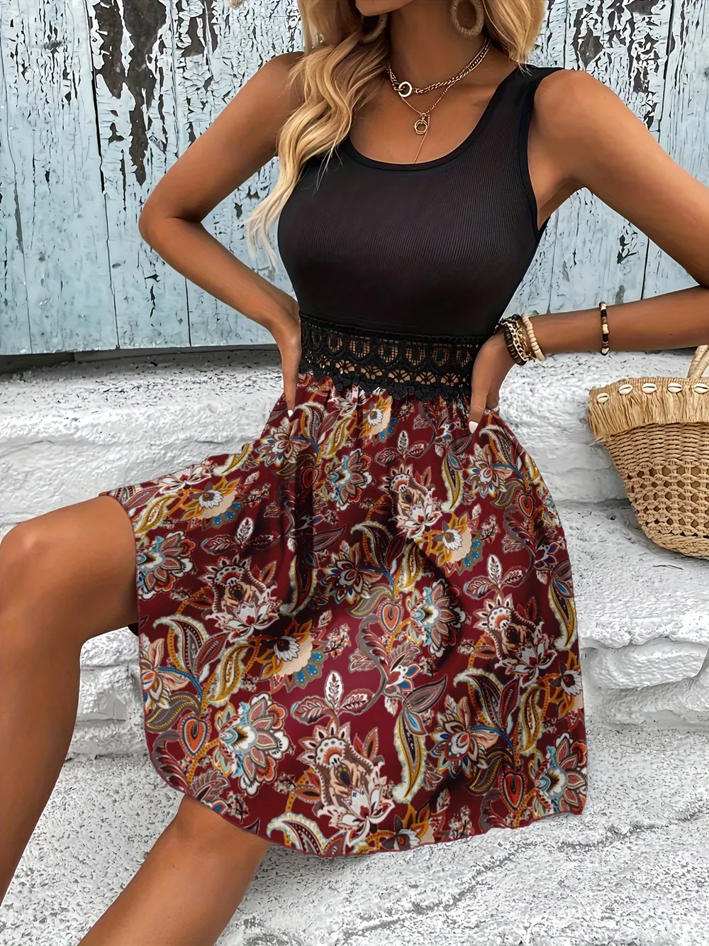 Printed A-Line Tank Dress with Lace Waist Detail, image 3