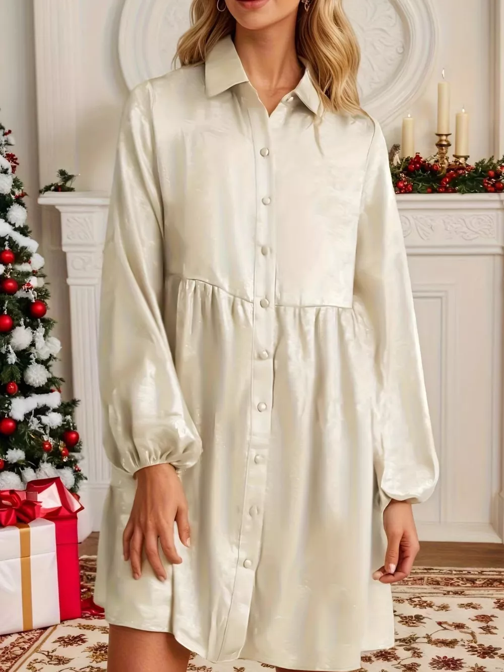 Elegant Satin Button-Down Shirt Dress, image 2