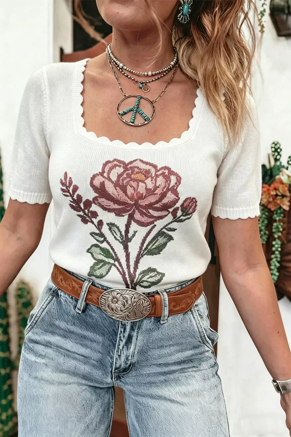 Flower Scalloped Hem Short Sleeve Knit Top, image 2