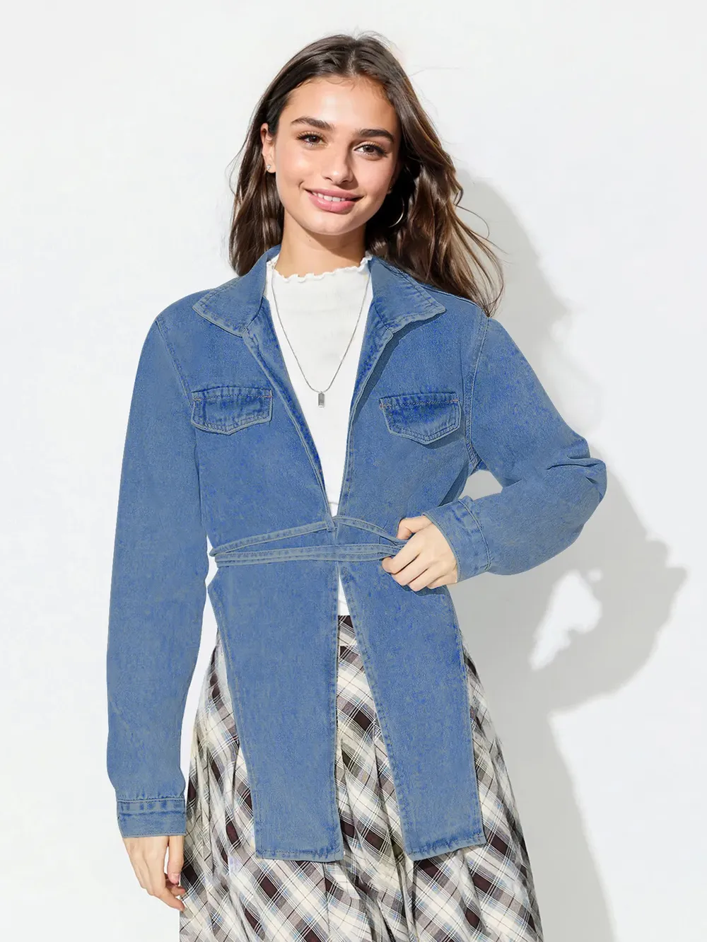 Asymmetric Slit Collared Neck Long Denim Top, image 7