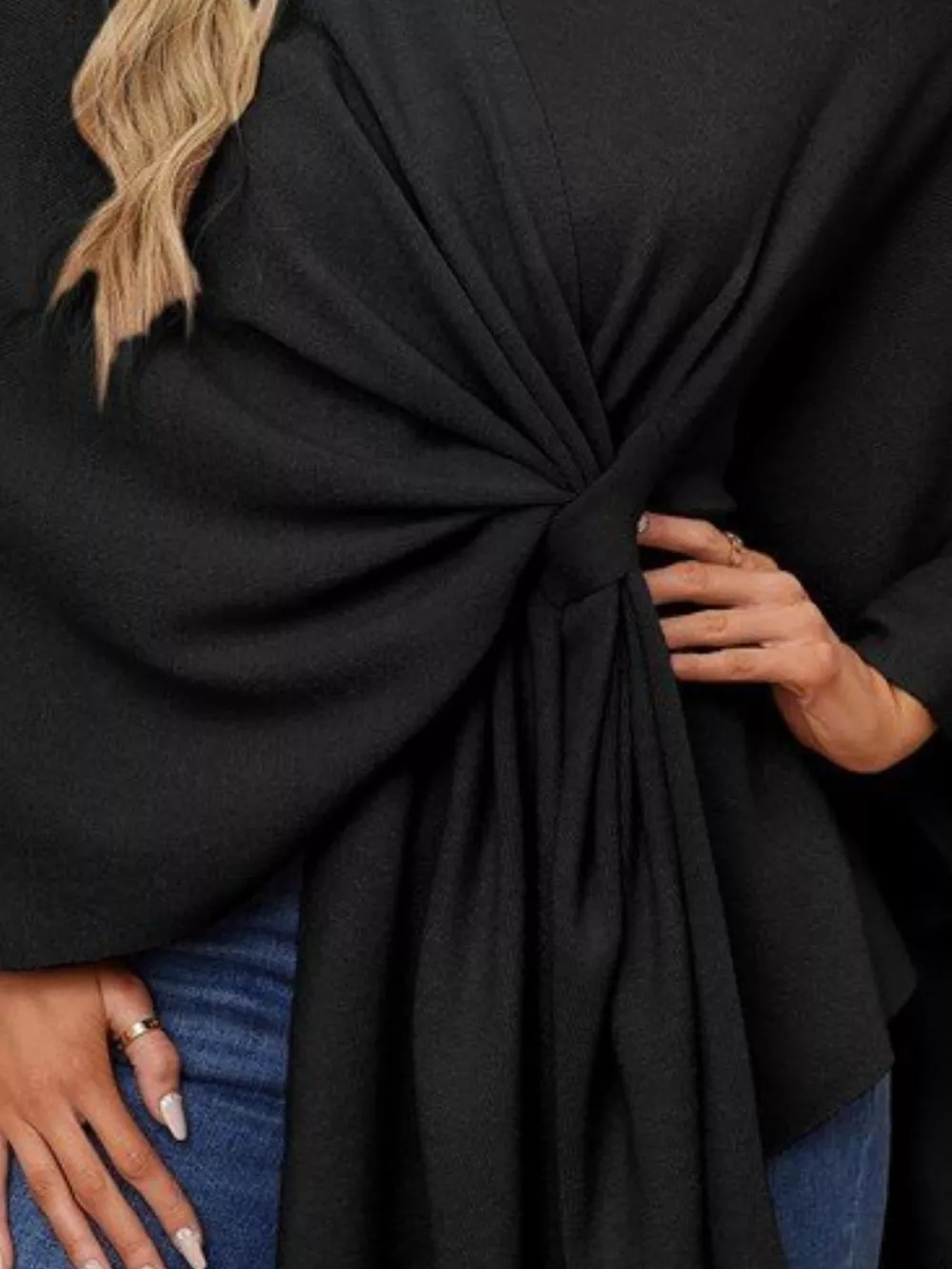 Solid Color Tie-Front Knit Cape Top, image 4