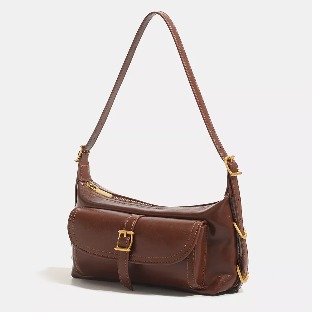 Vintage PU Leather Shoulder Bag with Buckle Detail, image 2