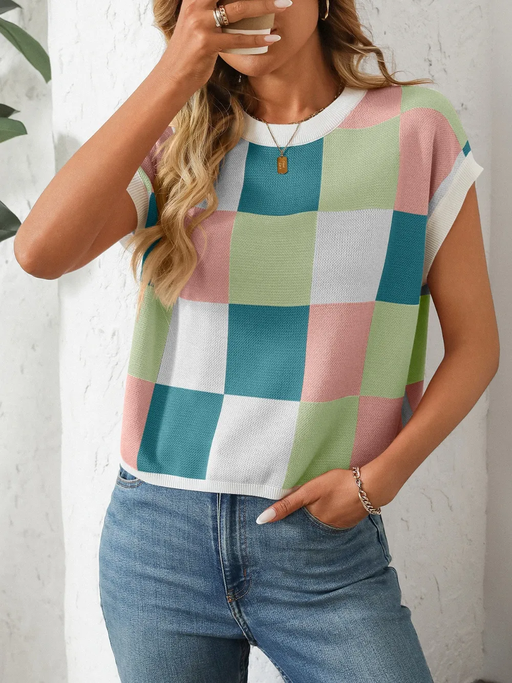 Checkered Round Neck Cap Sleeve Knit Top, image 4